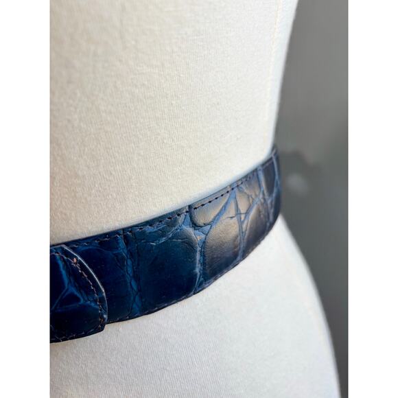 VTG Kandell and Marcus Navy Blue Croc Embossed Leather Belt Gold Buckle, XL